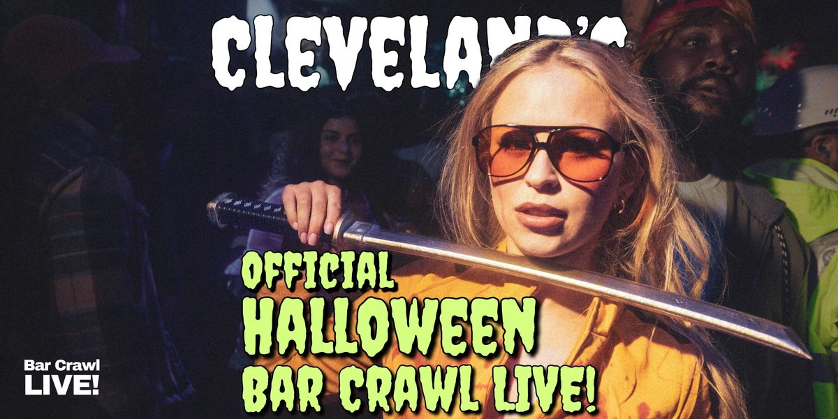 Cleveland's Official Halloween Bar Crawl LIVE banner - a woman in a yellow Kill Bill jumpsuit holding a katana in a crowded Halloween bar