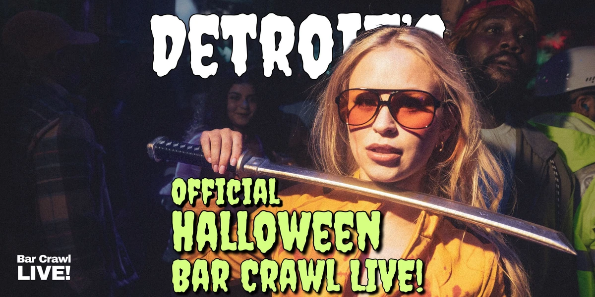Detroit's Official Halloween Bar Crawl LIVE banner - a woman in a yellow Kill Bill jumpsuit holding a katana in a crowded Halloween bar