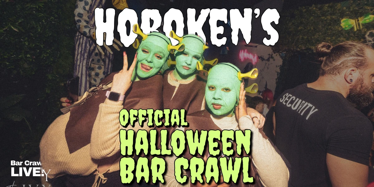 Hoboken's Official Halloween Bar Crawl LIVE banner - three friends in matching green Shrek costumes with ogre ears at a Halloween bar crawl
