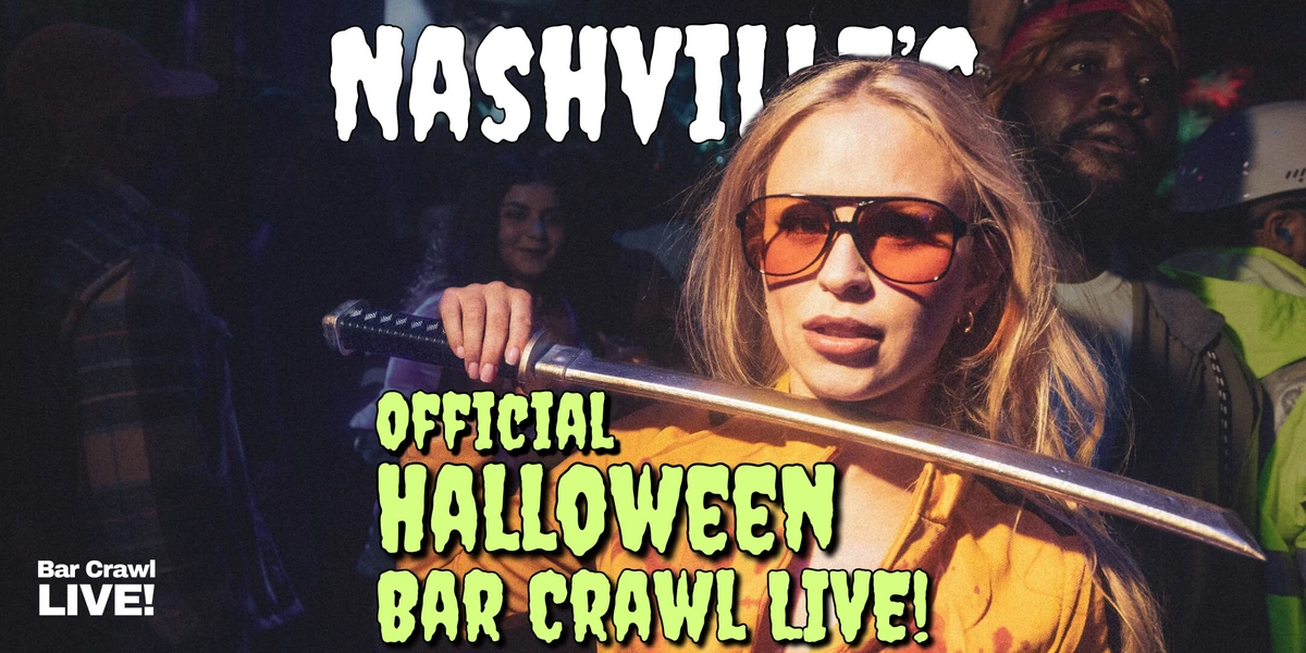Nashville's Official Halloween Bar Crawl LIVE banner - a woman in a yellow Kill Bill jumpsuit holding a katana in a crowded Halloween bar