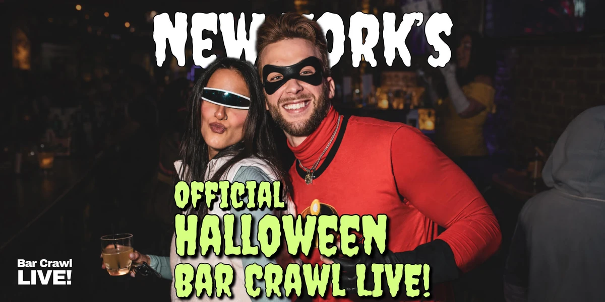 New York's Official Halloween Bar Crawl LIVE banner - a couple in Incredibles superhero costumes posing at a bar on Halloween night
