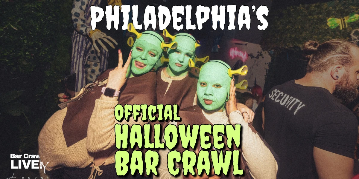 Philadelphia's Official Halloween Bar Crawl LIVE banner - three friends in matching green Shrek costumes with ogre ears at a Halloween bar crawl