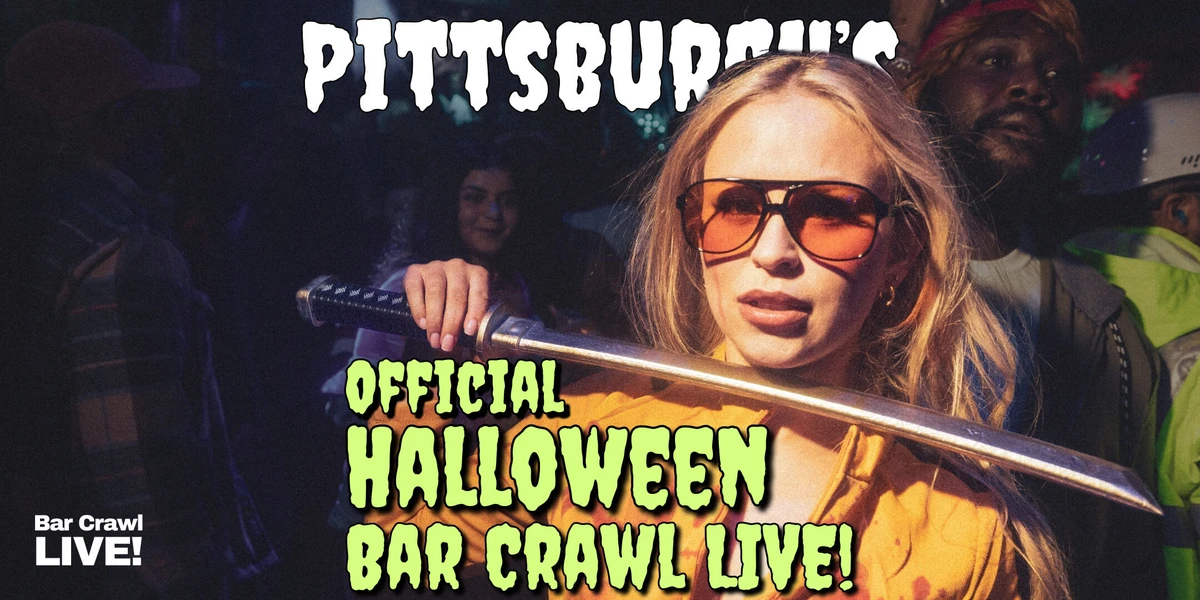 Pittsburgh's Official Halloween Bar Crawl LIVE banner - a woman in a yellow Kill Bill jumpsuit holding a katana in a crowded Halloween bar