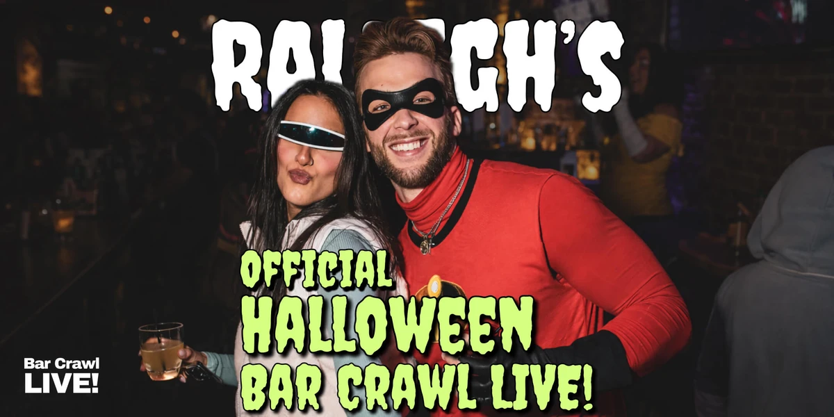 Raleigh's Official Halloween Bar Crawl LIVE banner - a couple in Incredibles superhero costumes posing at a bar on Halloween night