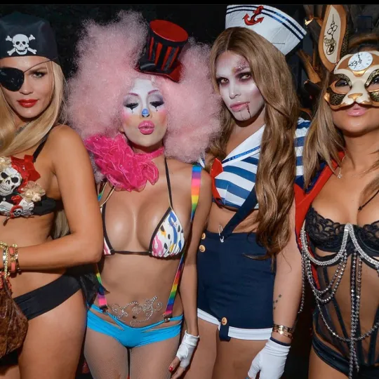 With an eclectic mix of horror and humor, this group's collective costume choices embody the playful spirit of the Halloween bar crawl

