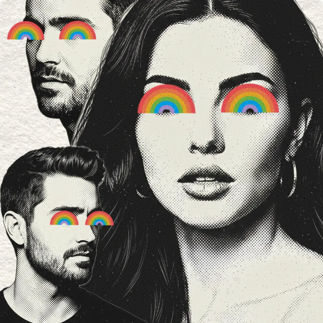 Man dressed up in rainbow colored clothing for Philadelphia Pride Bar Crawl making a square with his hands representing a camera